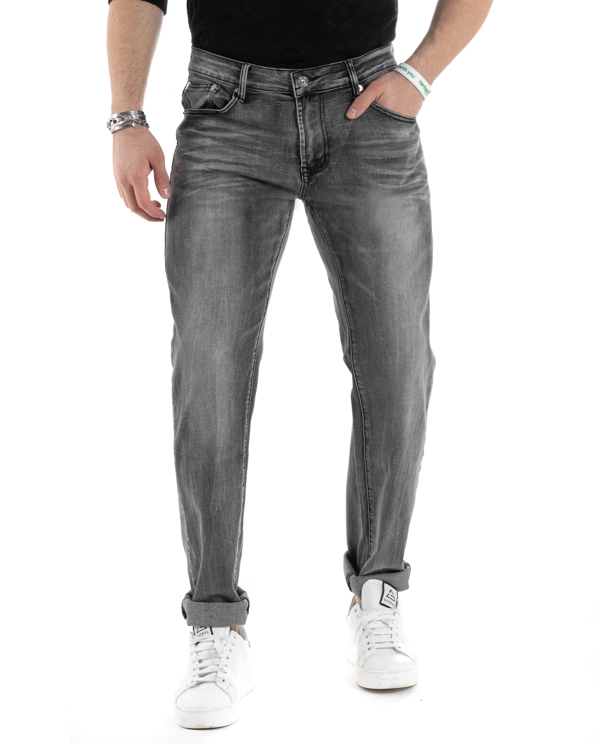 Pantaloni Uomo Jeans Cinque Tasche Slim Fit Basic Grigio Denim Stone Washed GIOSAL-JS1005A