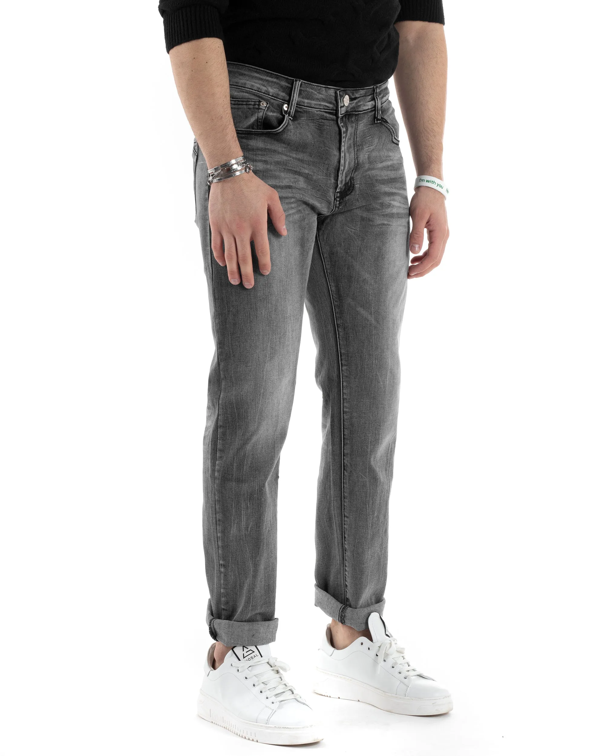 Pantaloni Uomo Jeans Cinque Tasche Slim Fit Basic Grigio Denim Stone Washed GIOSAL-JS1005A