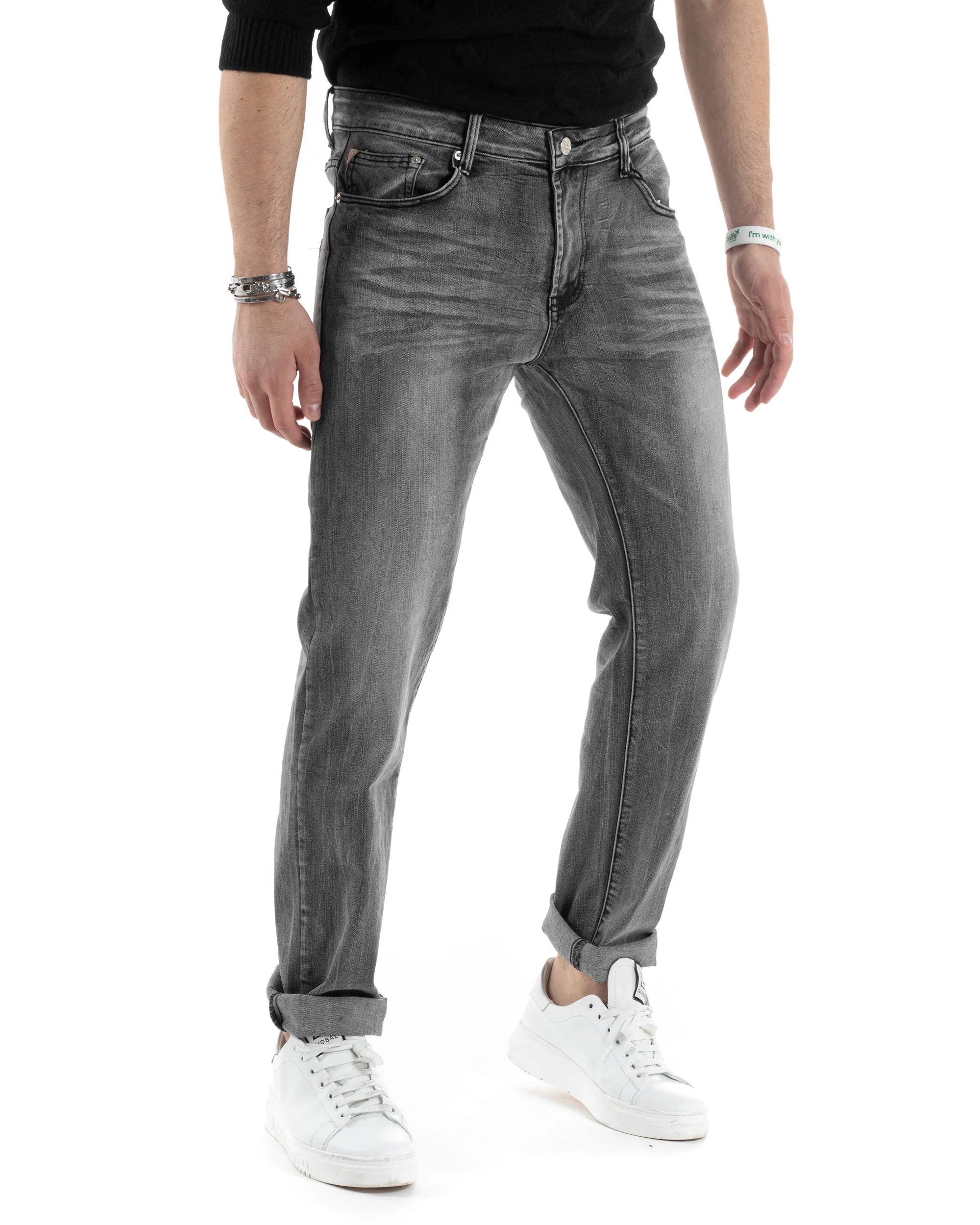 Pantaloni Uomo Jeans Cinque Tasche Slim Fit Basic Grigio Denim Stone Washed GIOSAL-JS1005A