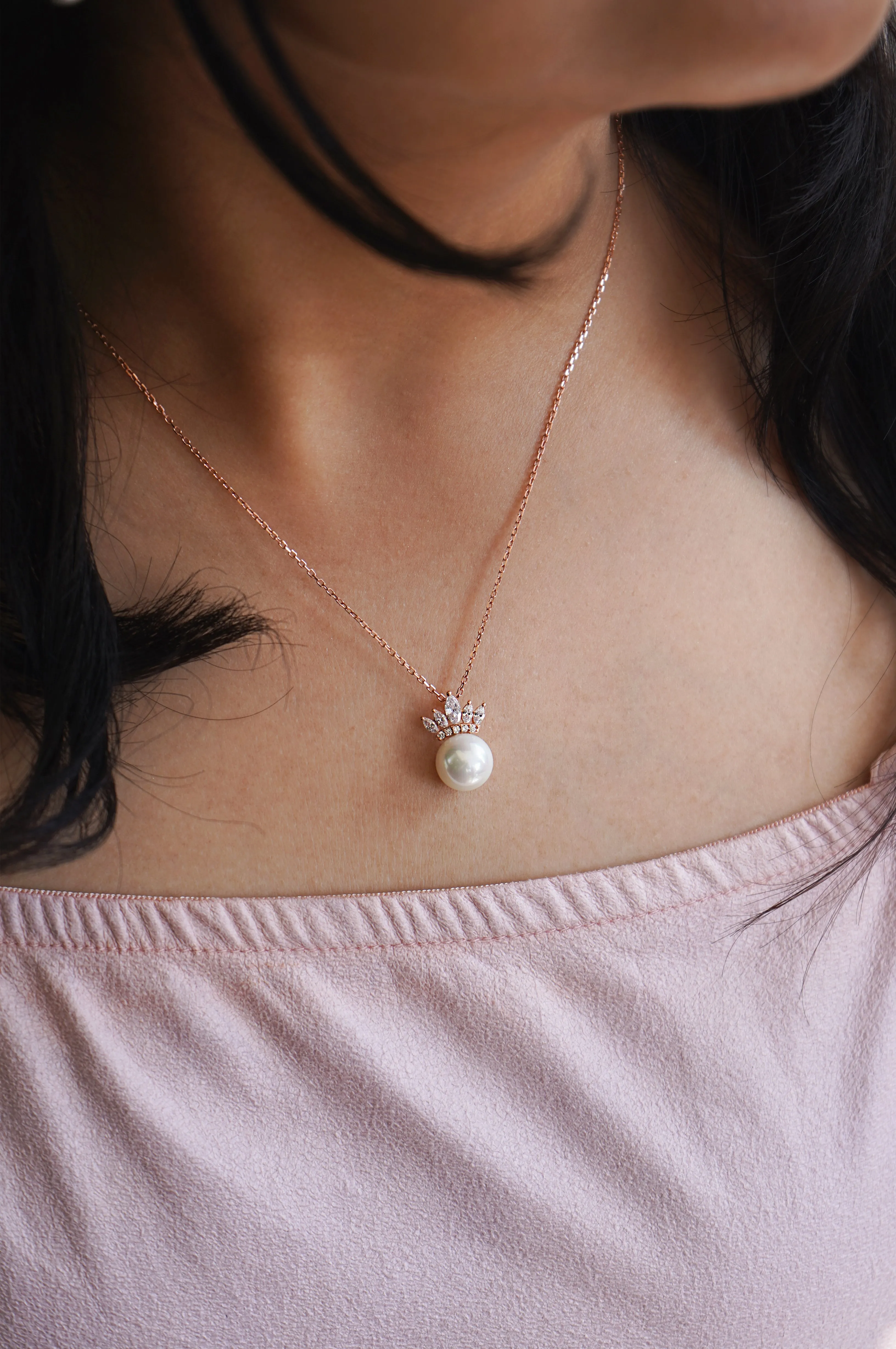 Pearl With A Crown Rose Gold Plated Sterling Silver Pendant With Chain