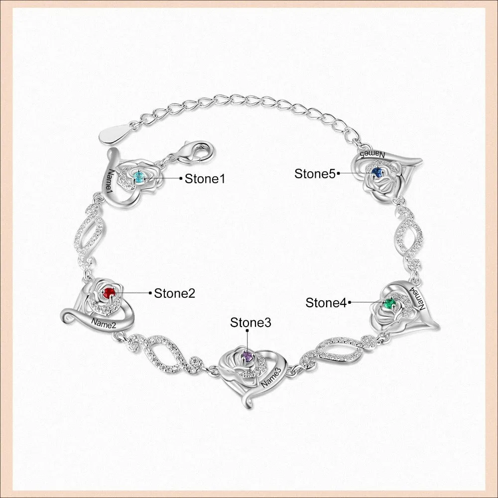 Personalized Cordate Chain Bracelets With 5 Birthstones