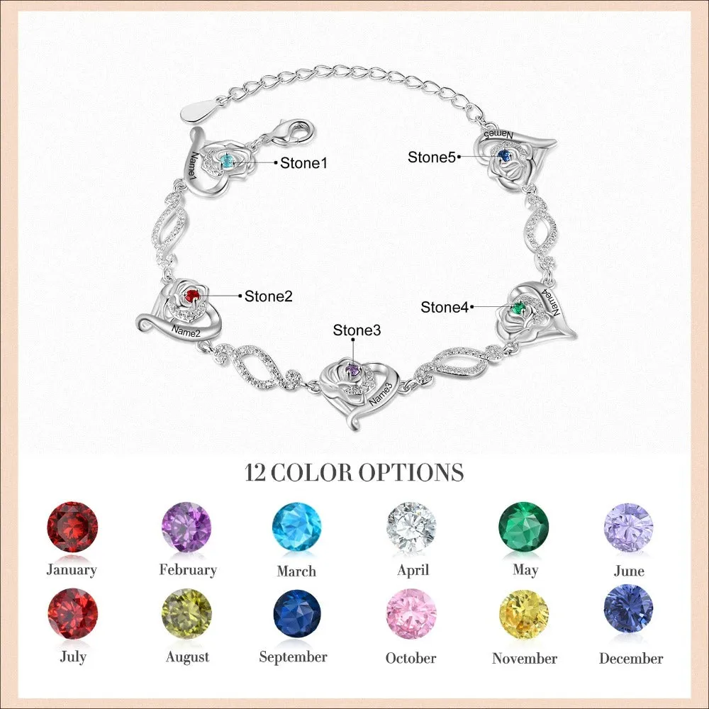 Personalized Cordate Chain Bracelets With 5 Birthstones