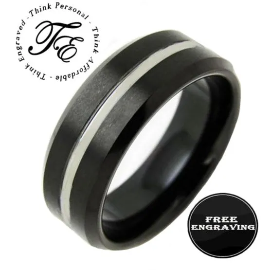 Personalized Men's Black Silver Line Tungsten Promise Ring - Handwriting Ring