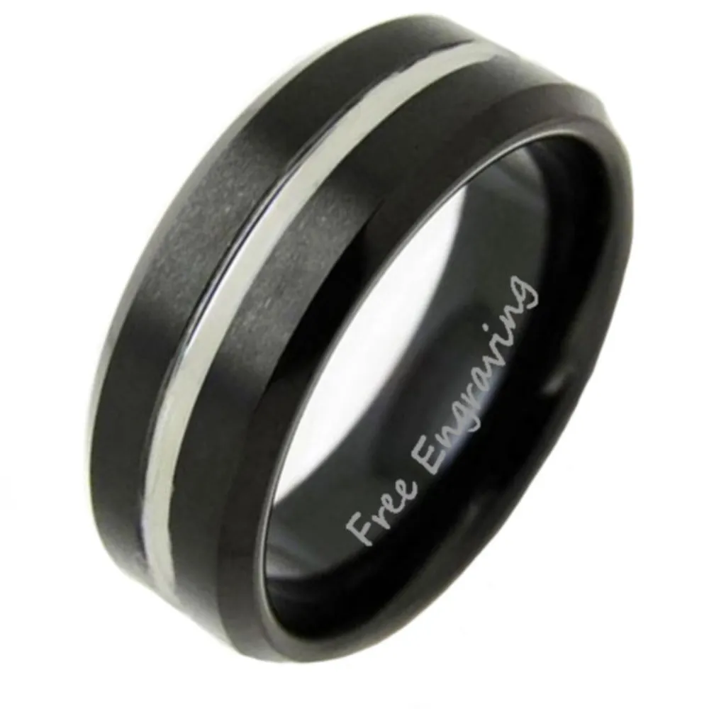 Personalized Men's Black Silver Line Tungsten Promise Ring - Handwriting Ring