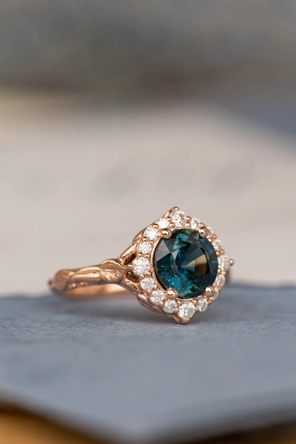 READY TO SHIP: Florentina ring in 14K rose gold, natural sapphire 8 mm, moissanites, AVAILABLE RING SIZES: 6-8US