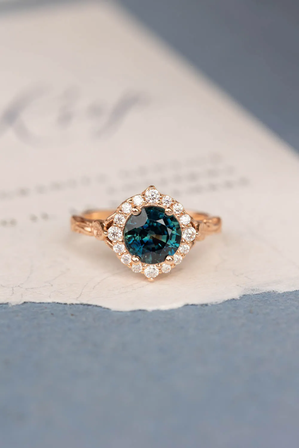 READY TO SHIP: Florentina ring in 14K rose gold, natural sapphire 8 mm, moissanites, AVAILABLE RING SIZES: 6-8US