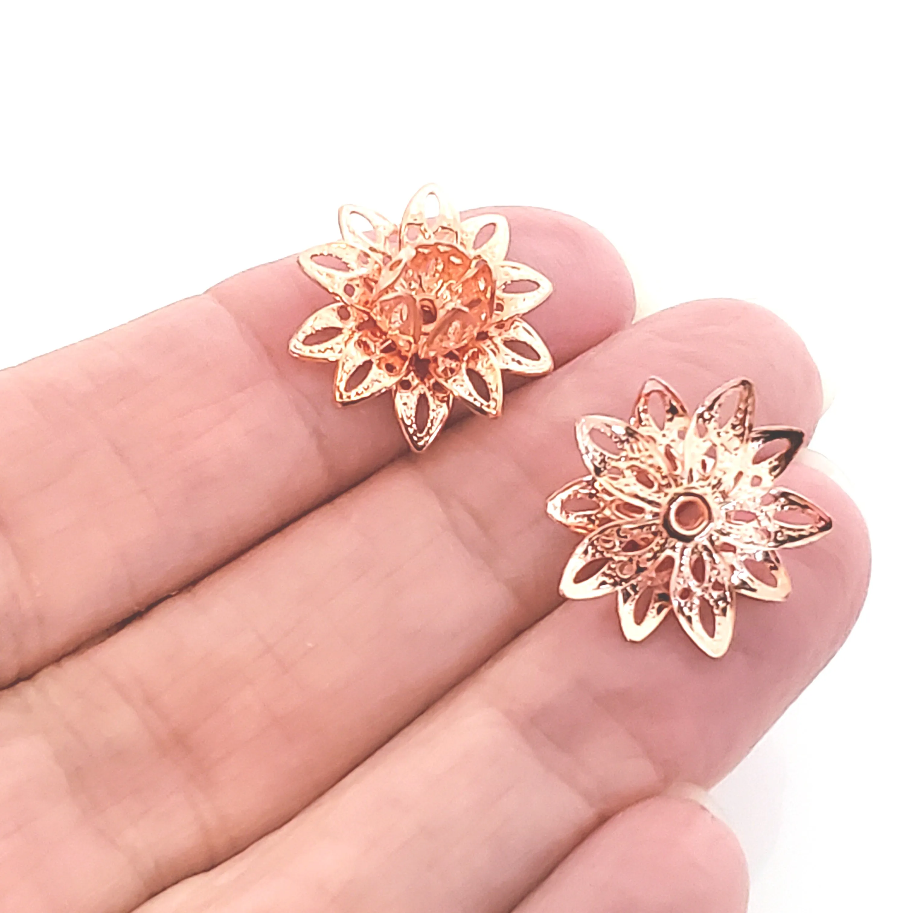 Rose Gold Filigree Flower Bead Caps, Multiple Layer Bendable, Moldable, 2mm Hole, Lot Size 100, #2054 RG