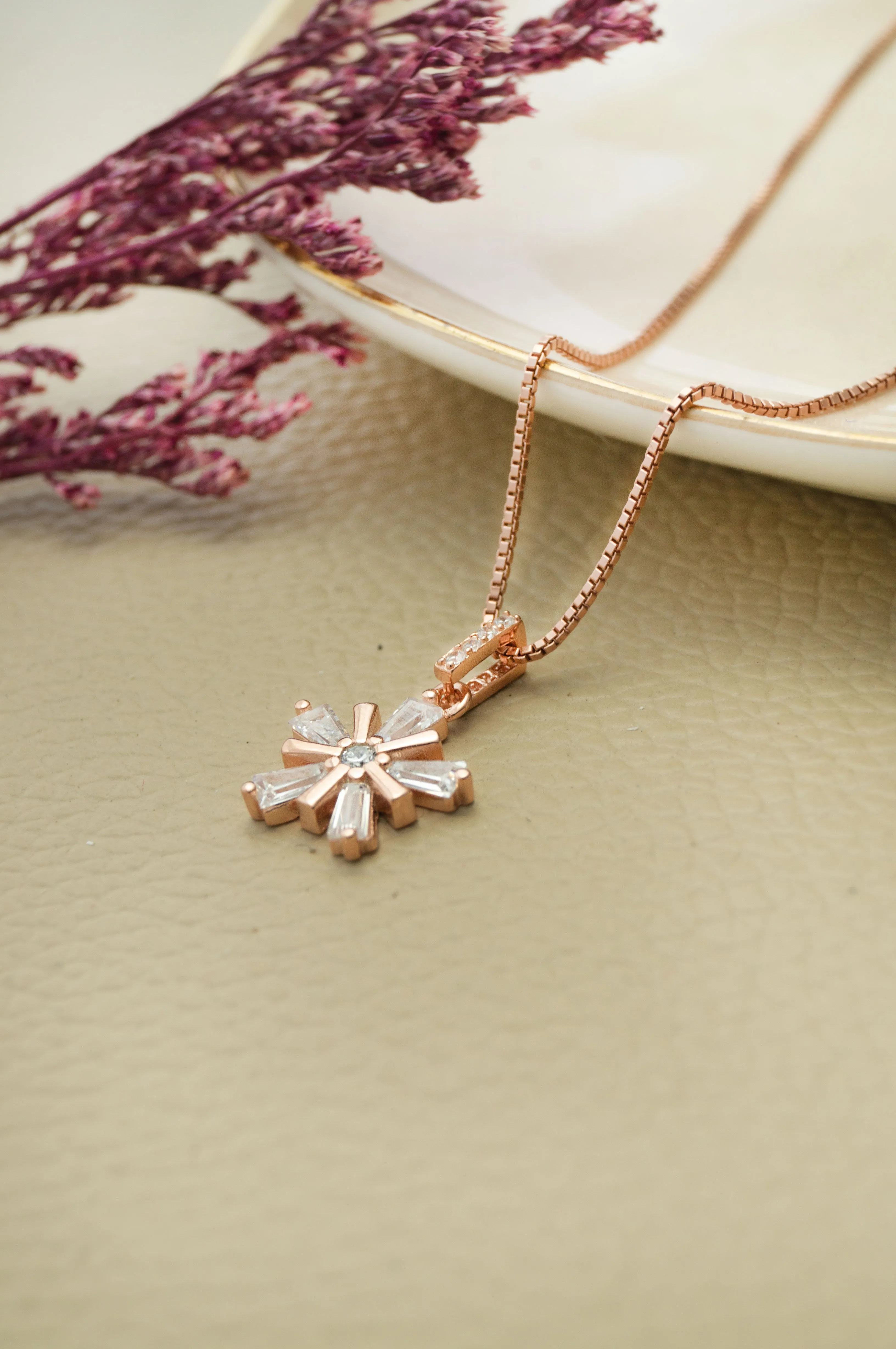 Star Burst Flower Rose Gold Plated Sterling Silver Pendant Set