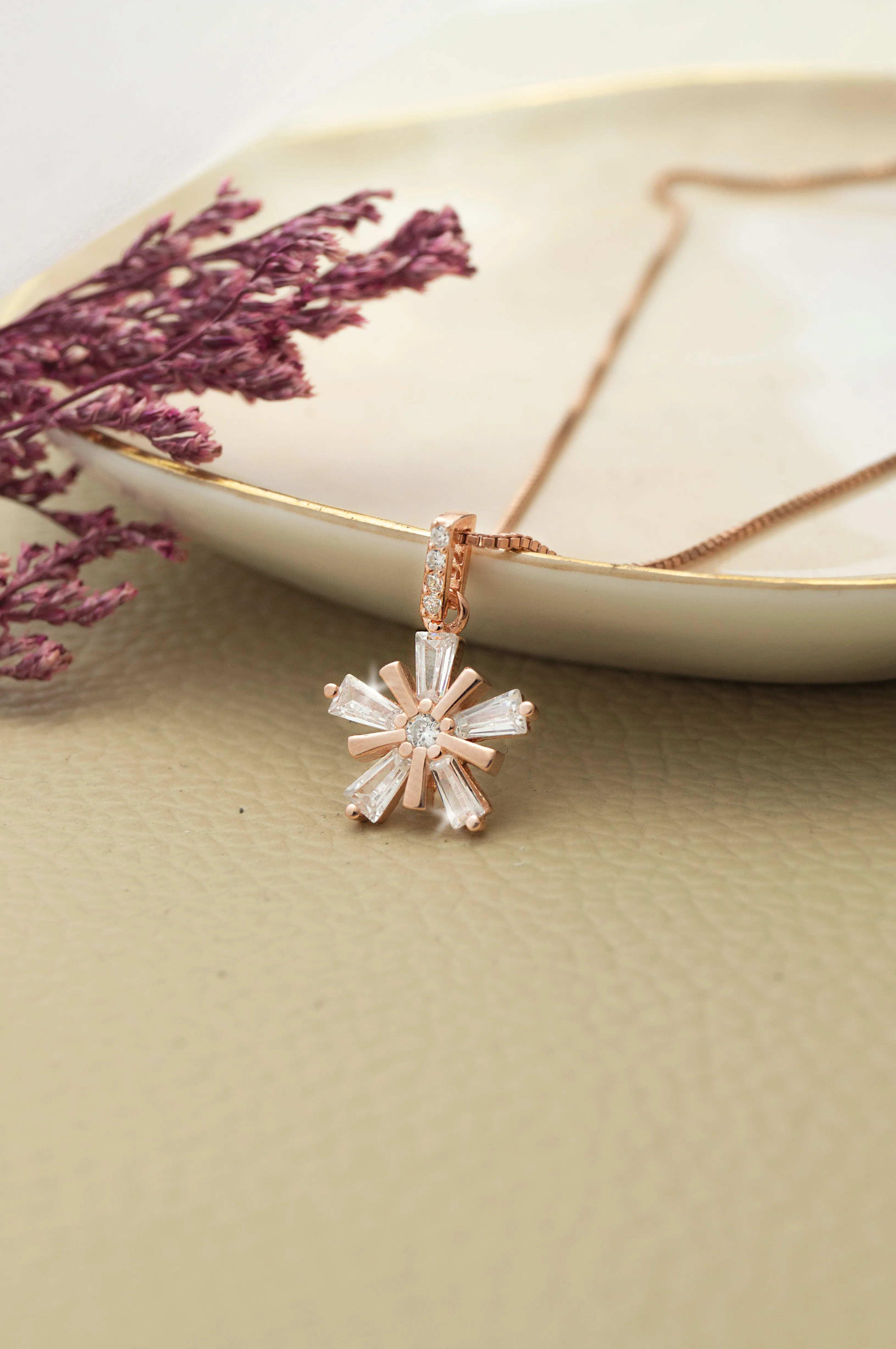 Star Burst Flower Rose Gold Plated Sterling Silver Pendant Set