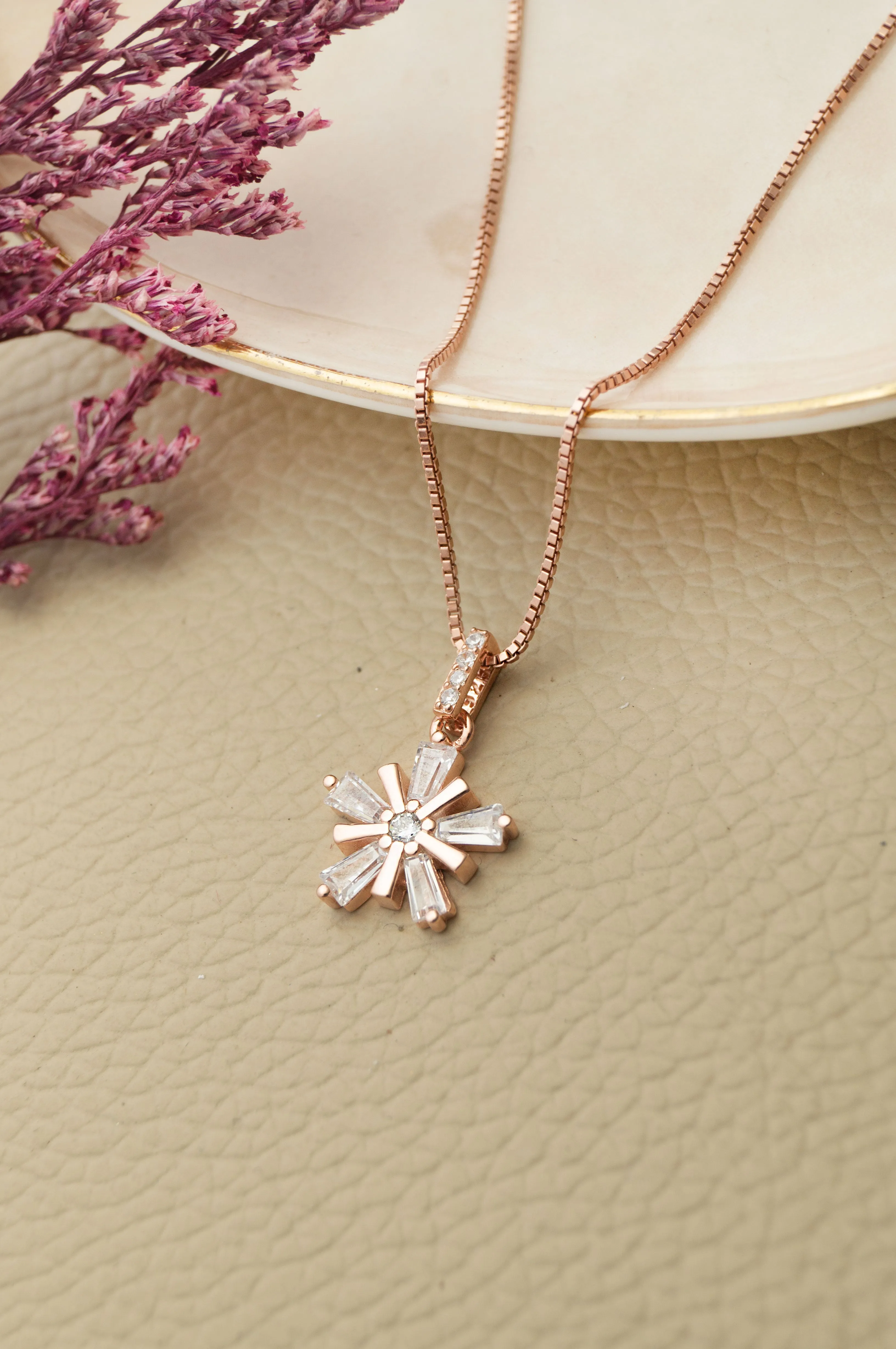 Star Burst Flower Rose Gold Plated Sterling Silver Pendant Set