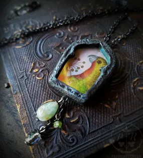 The Parrot ~ Iridescent Glass Gothic Arch Pictorial Shrine Amulet