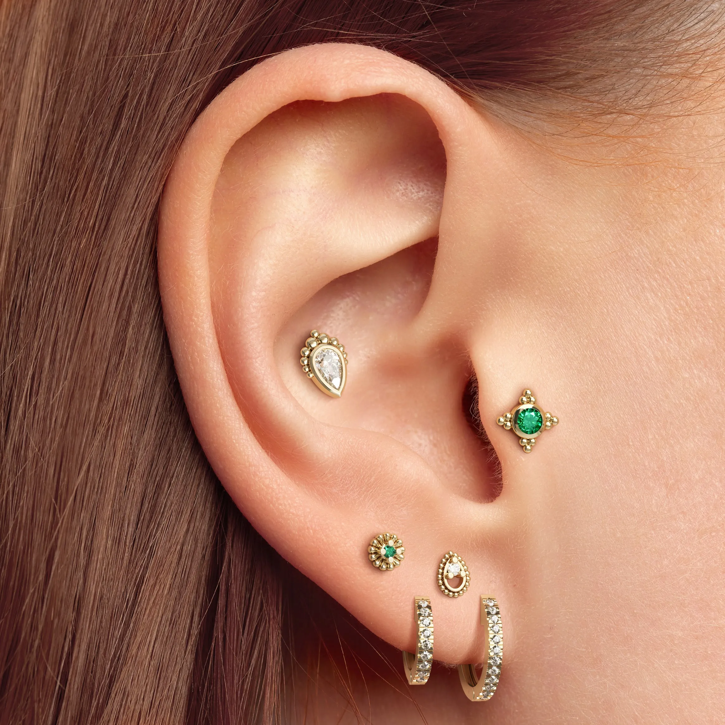 Tiny 14K Gold Emerald Beaded Stud