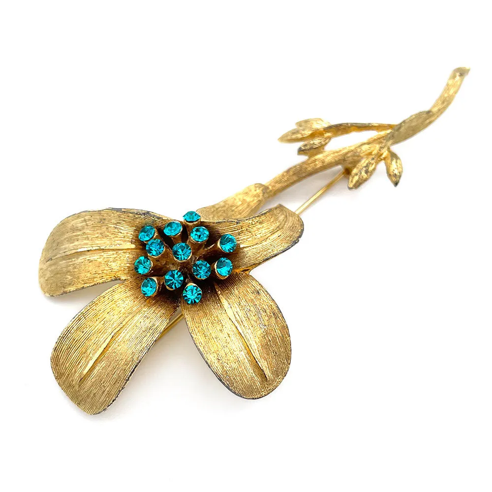 【USA輸入】ヴィンテージ B.S.K フラワー ピーコックブルー ビジュー ブローチ/Vintage B.S.K Flower Blue Bijou Brooch