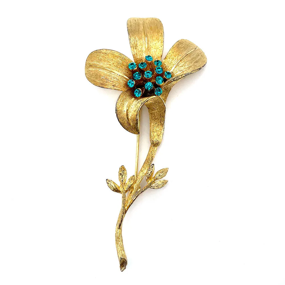 【USA輸入】ヴィンテージ B.S.K フラワー ピーコックブルー ビジュー ブローチ/Vintage B.S.K Flower Blue Bijou Brooch