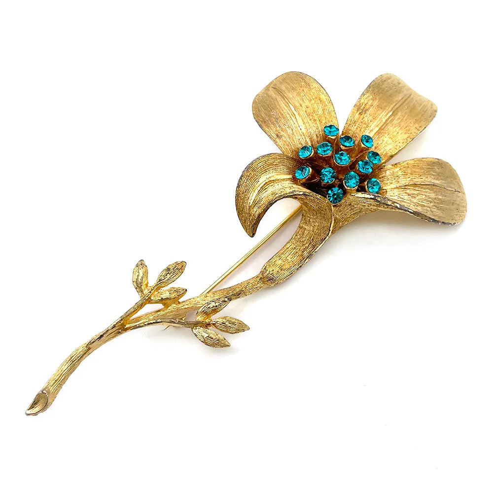 【USA輸入】ヴィンテージ B.S.K フラワー ピーコックブルー ビジュー ブローチ/Vintage B.S.K Flower Blue Bijou Brooch