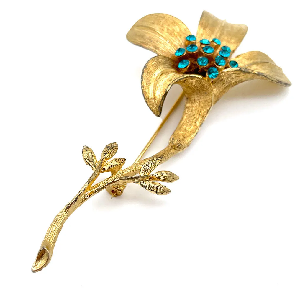 【USA輸入】ヴィンテージ B.S.K フラワー ピーコックブルー ビジュー ブローチ/Vintage B.S.K Flower Blue Bijou Brooch