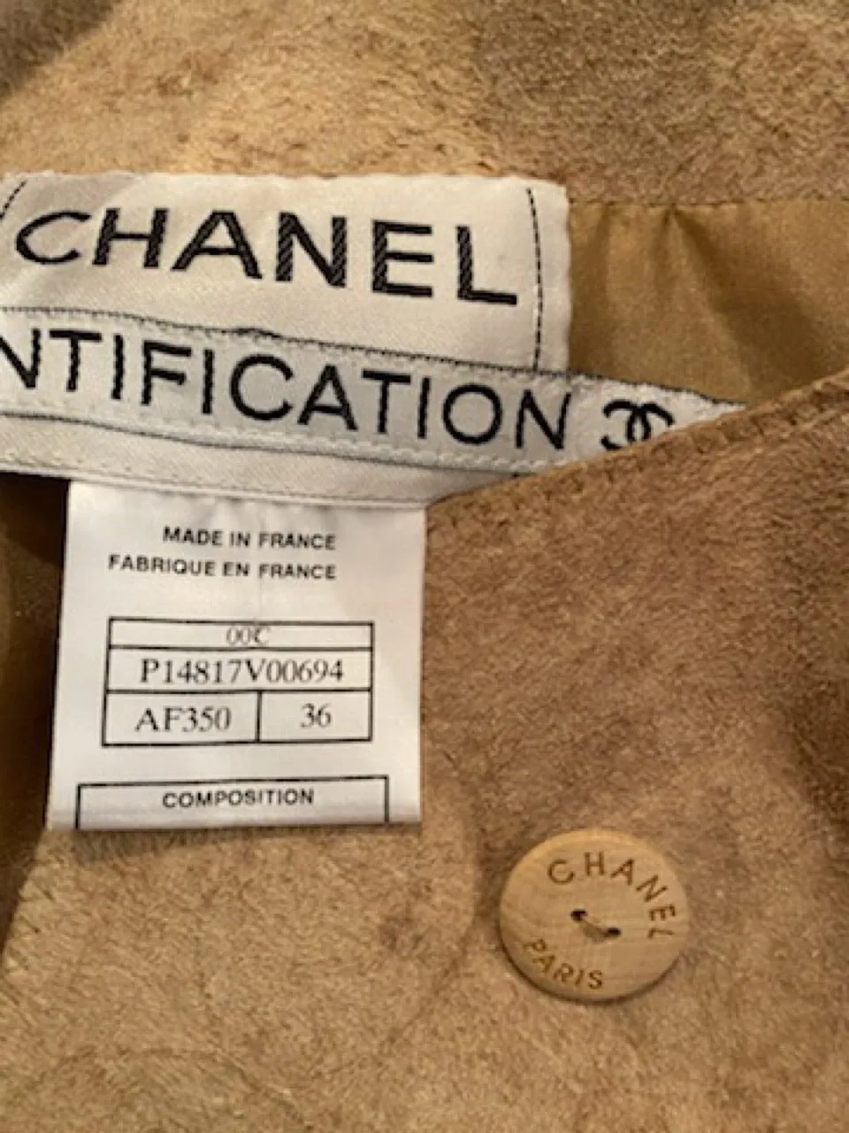 Vintage 00C, 2000 Cruise Chanel Identification Leather/Suede Rawhide Tan Jacket FR 36 US 4