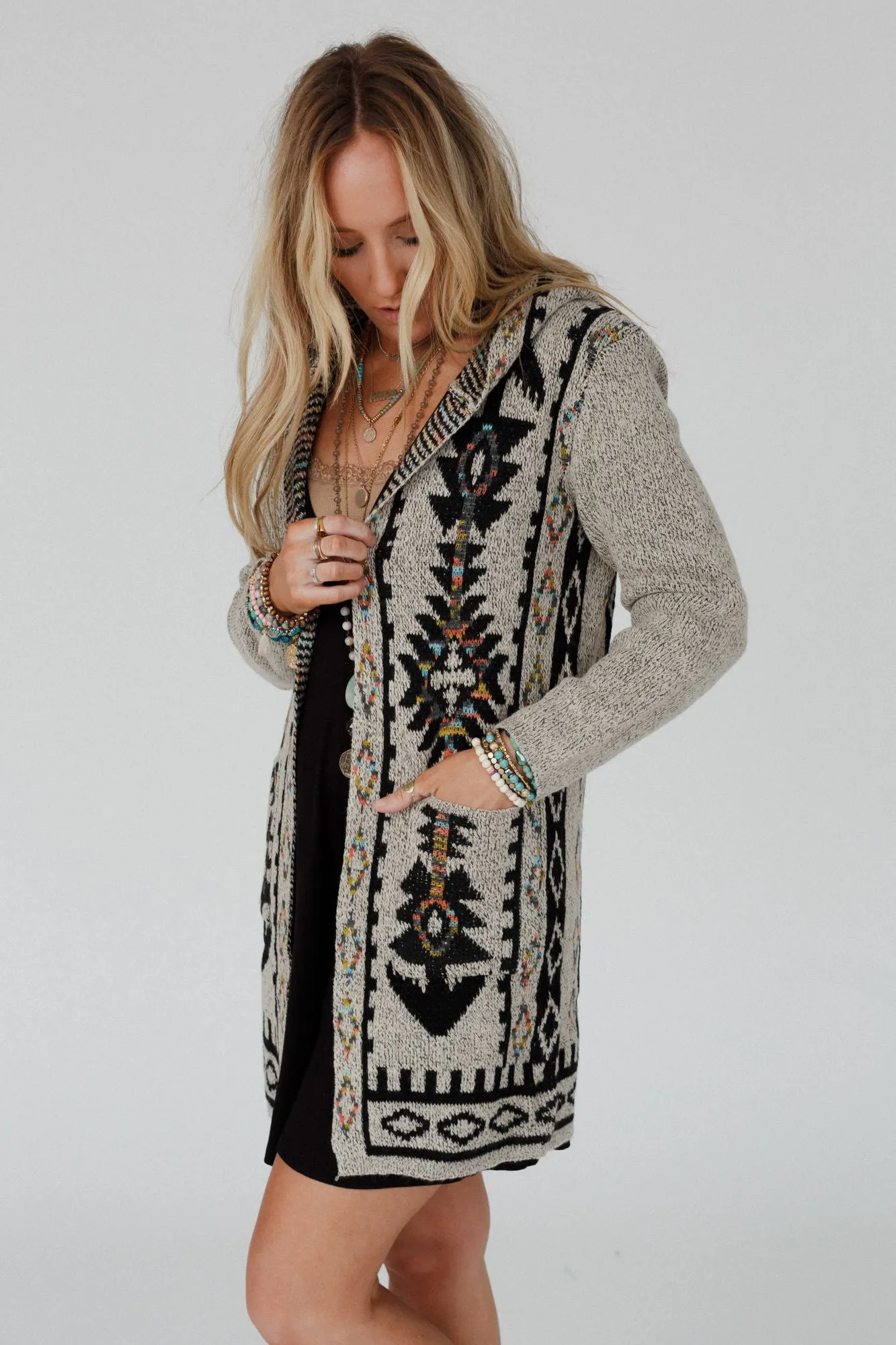 Way to Roam Aztec Print Hooded Cardigan - Oatmeal