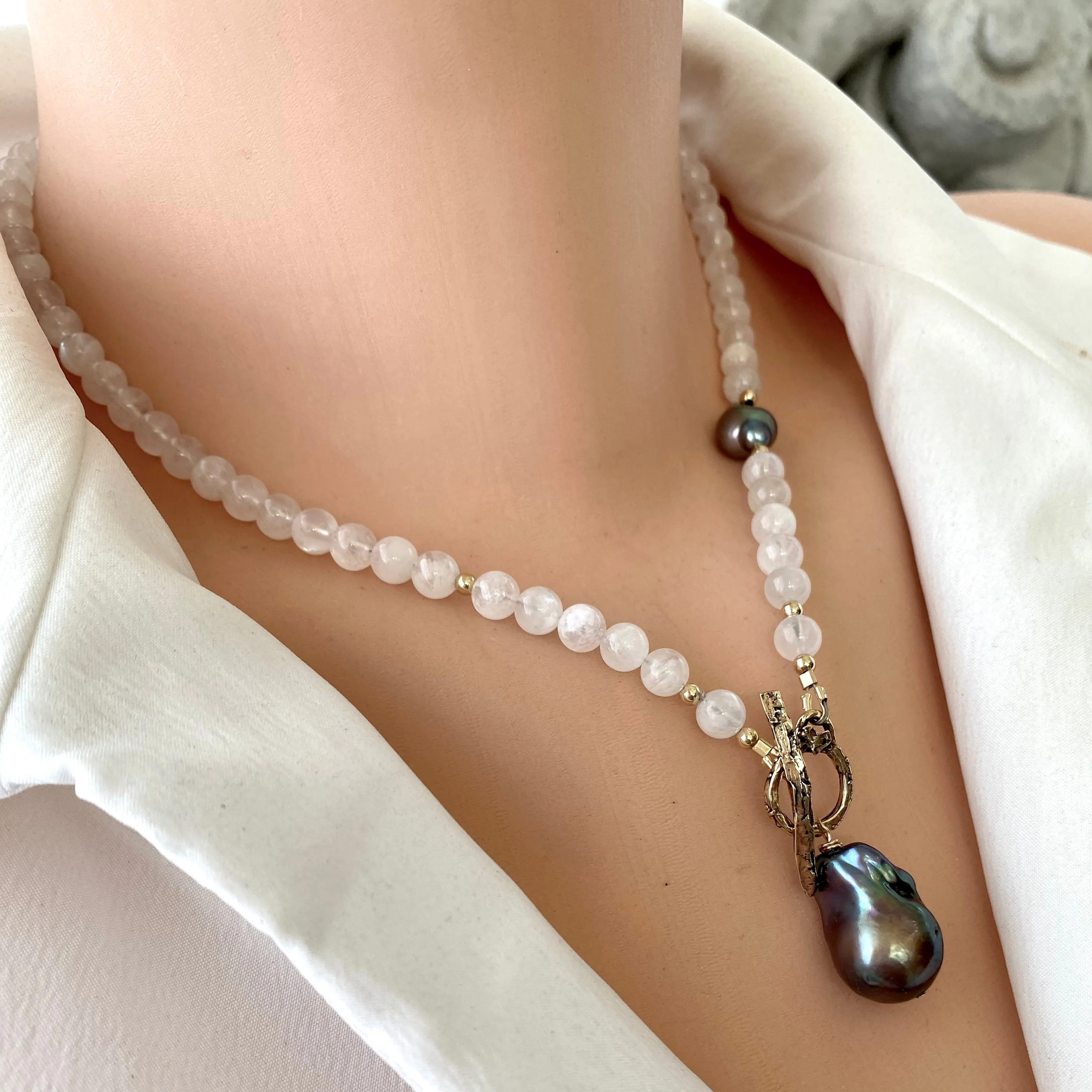 White Moonstone & Black Baroque Pearl Necklace, Gold Bronze 18in, June Birthstone