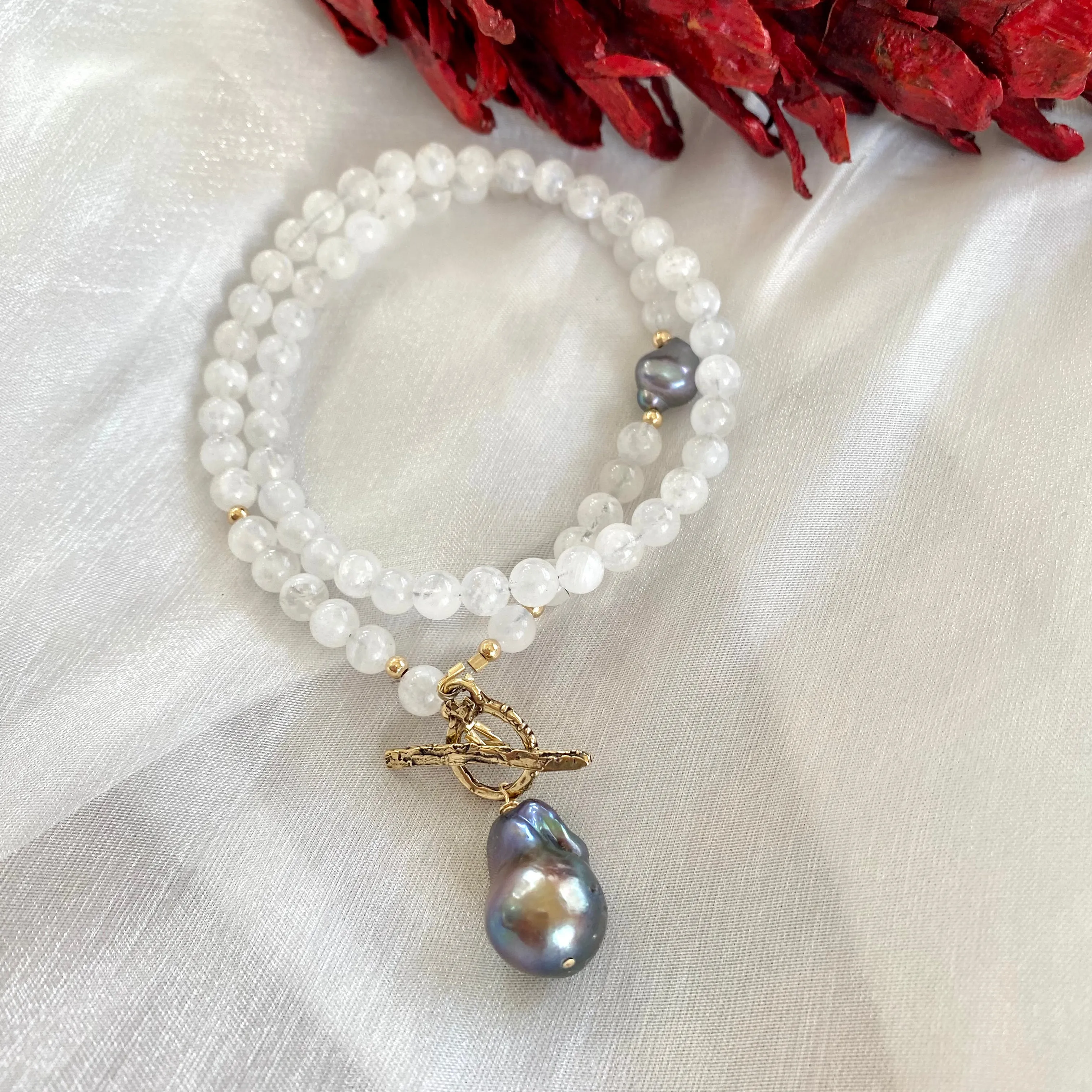 White Moonstone & Black Baroque Pearl Necklace, Gold Bronze 18in, June Birthstone