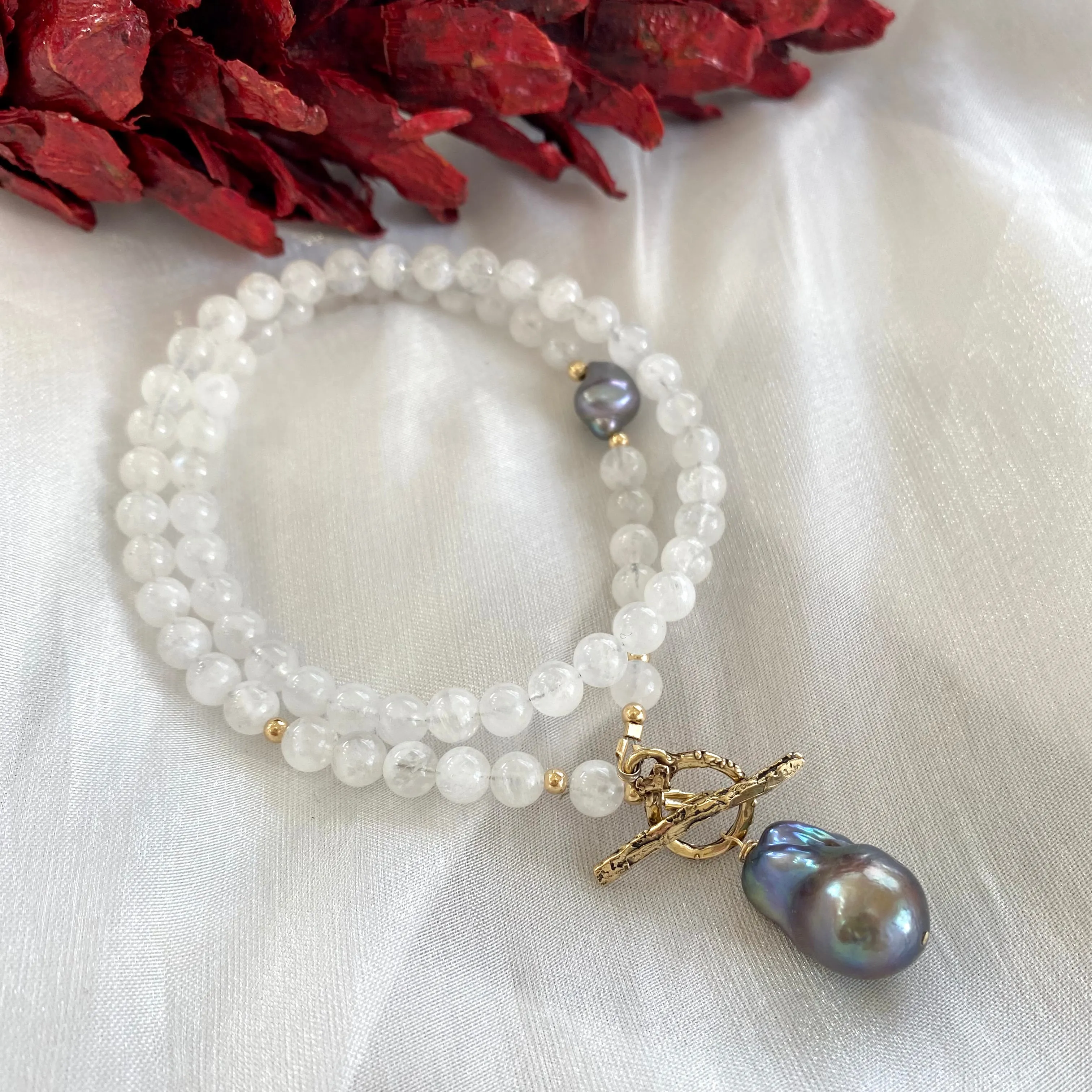 White Moonstone & Black Baroque Pearl Necklace, Gold Bronze 18in, June Birthstone