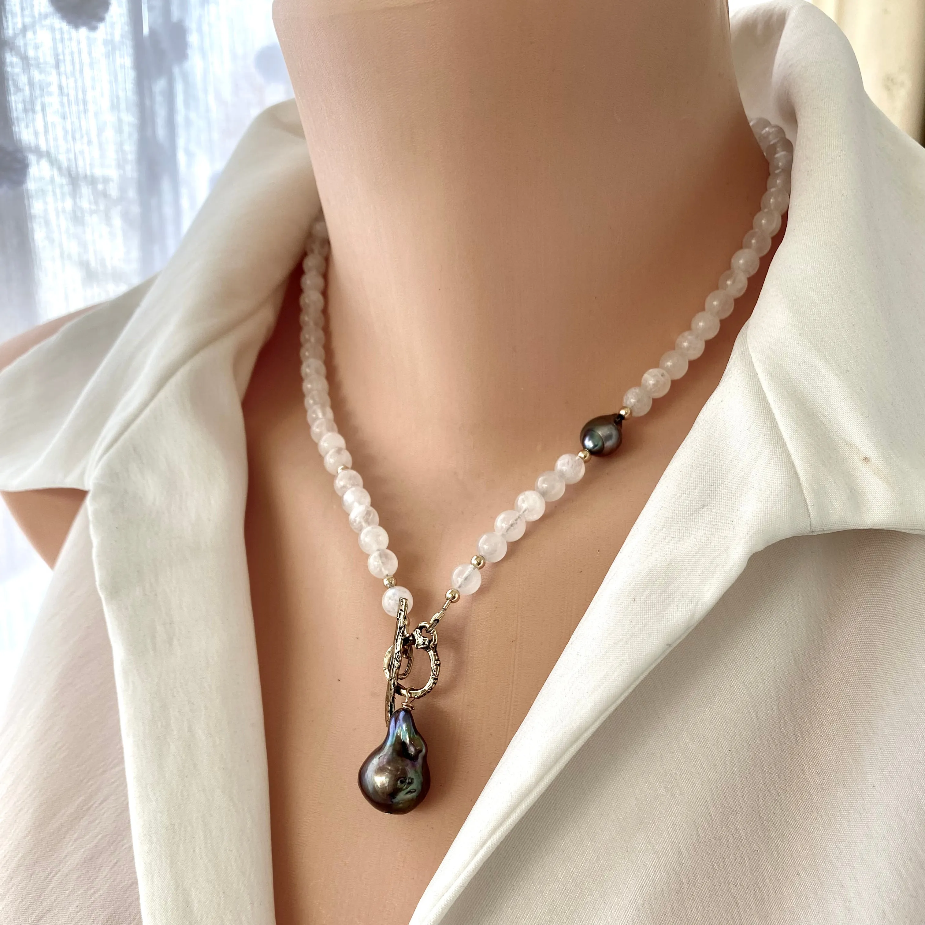 White Moonstone & Black Baroque Pearl Necklace, Gold Bronze 18in, June Birthstone