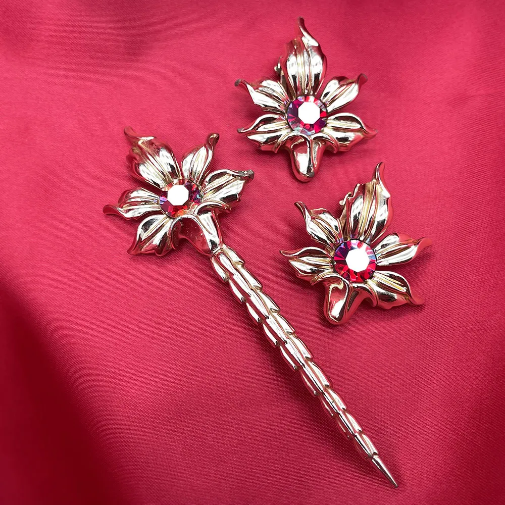 【カナダ輸入】 ヴィンテージ EMMONS レッドオーロラ フラワー ブローチ/Vintage EMMONS Red Aurora Flower Brooch